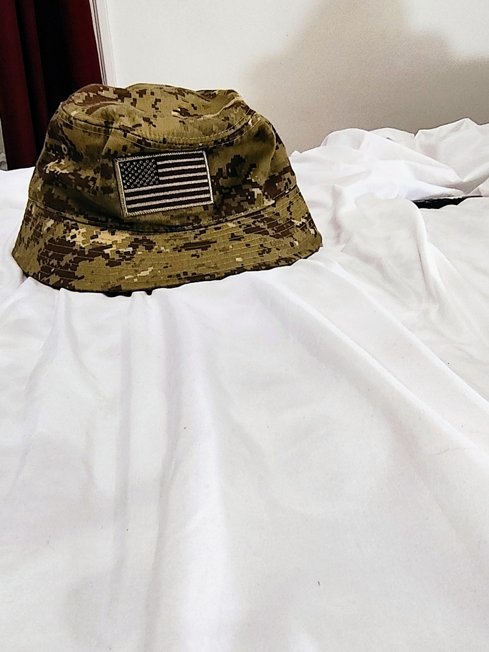Camo Bucket Hat with US Flag Patch - Brown
